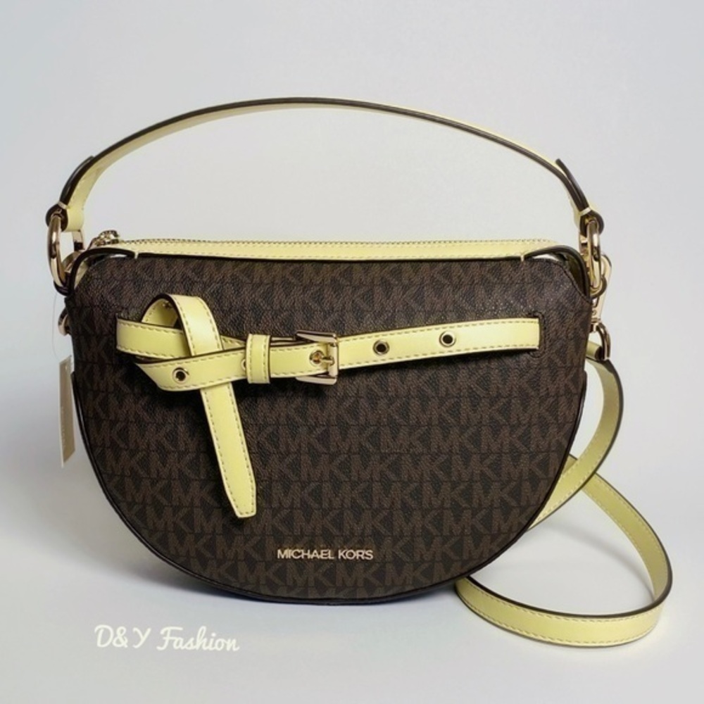 Michael Kors Brown MK Monogram Crossbody with Yellow Trim